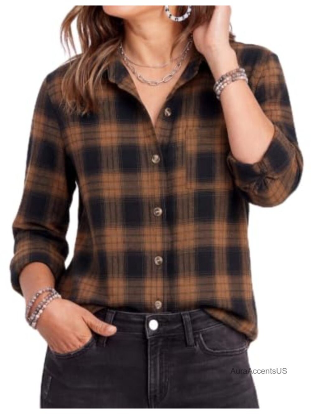 Womens Plaid Long Sleeve Button Down Shirt Fall Tops Cotton Blend Blouse